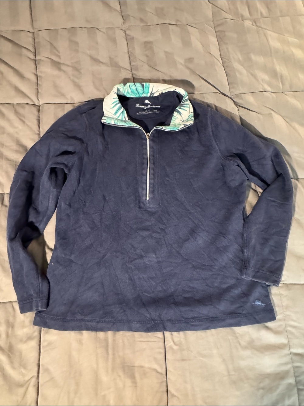Tommy Bahama Navy Half-Zip Pullover with Leaf-Print Collar